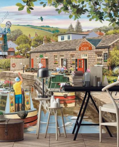 colorful custom bygone era wallpaper mural called By the Canal by Victor McLindon for care homes colorful custom bygone era wallpaper mural called By the Canal by Victor McLindon for care homes