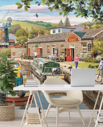 colorful custom bygone era wallpaper mural called By the Canal by Victor McLindon for care homes