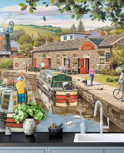 colourful custom bygone era wallpaper mural called By the Canal by Victor McLindon for care homes