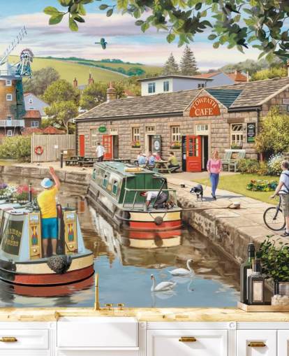 colorful custom bygone era wallpaper mural called By the Canal by Victor McLindon for care homes