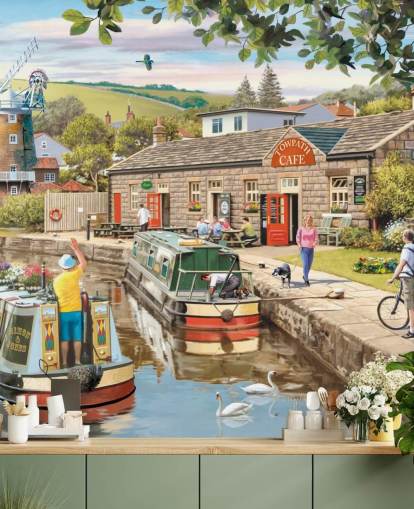 colorful custom bygone era wallpaper mural called By the Canal by Victor McLindon for care homes