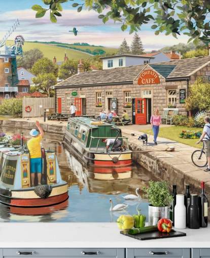 colourful custom bygone era wallpaper mural called By the Canal by Victor McLindon for care homes