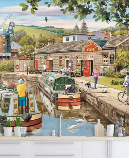 colourful custom bygone era wallpaper mural called By the Canal by Victor McLindon for care homes