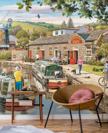 colorful custom bygone era wallpaper mural called By the Canal by Victor McLindon for care homes