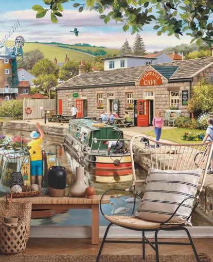 colorful custom bygone era wallpaper mural called By the Canal by Victor McLindon for care homes