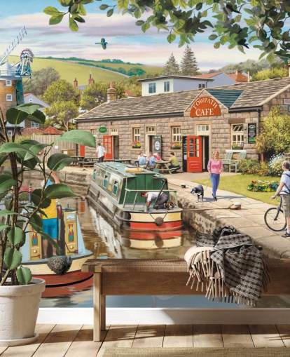 colourful custom bygone era wallpaper mural called By the Canal by Victor McLindon for care homes