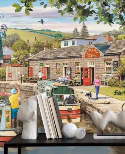 colorful custom bygone era wallpaper mural called By the Canal by Victor McLindon for care homes