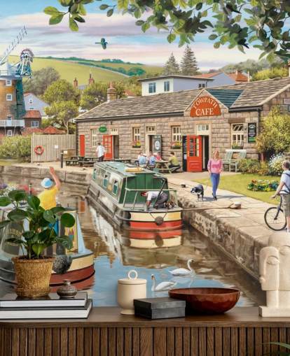 colourful custom bygone era wallpaper mural called By the Canal by Victor McLindon for care homes