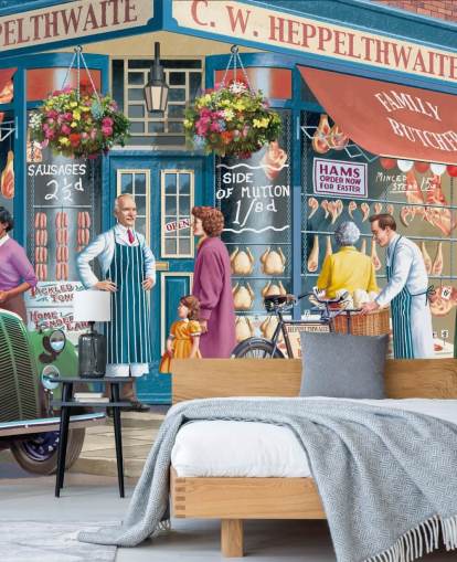 colorful custom butchers facade wallpaper mural called Corner Butchers by Victor McLindon for care homes