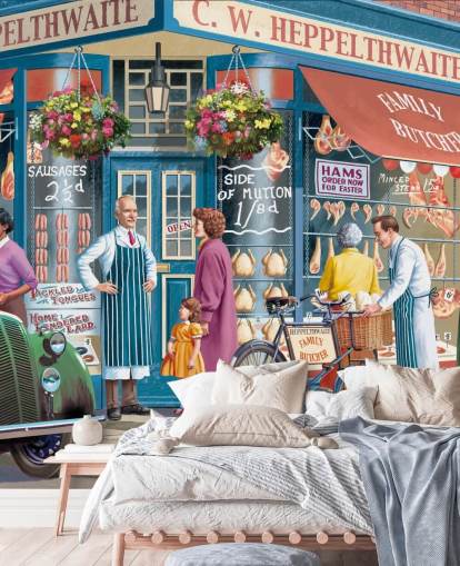 colorido mural de papel pintado personalizado para fachadas de carniceros llamado Corner Butchers de Victor McLindon para residencias de ancianos