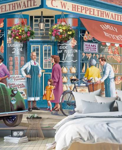 papier peint mural coloré de façade de boucher personnalisé appelé Corner Butchers par Victor McLindon pour les maisons de retraite papier peint mural coloré de façade de boucher personnalisé appelé Corner Butchers par Victor McLindon pour les maisons de retraite