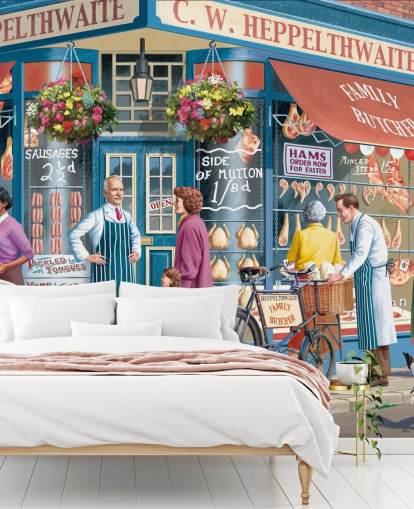 värikäs räätälöity teurastajien julkisivutapettiseinämaalaus nimeltä Victor McLindonin Corner Butchers hoivakodeille