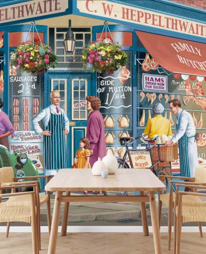 colorful custom butchers facade wallpaper mural called Corner Butchers by Victor McLindon for care homes