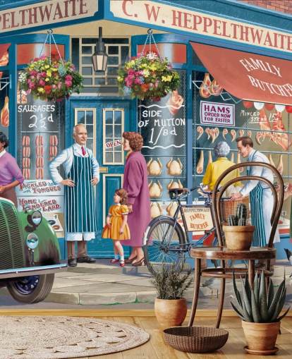 colorful custom butchers facade wallpaper mural called Corner Butchers by Victor McLindon for care homes