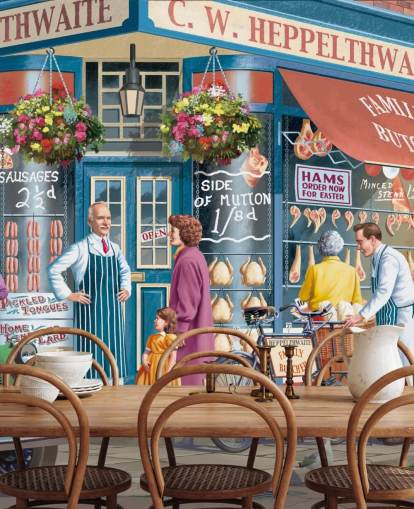 colorful custom butchers facade wallpaper mural called Corner Butchers by Victor McLindon for care homes