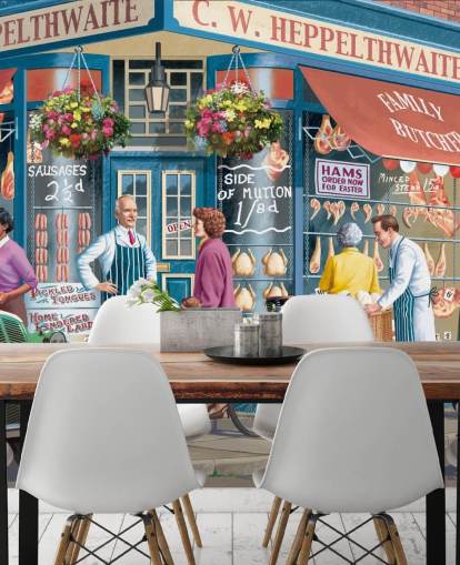 colorful custom butchers facade wallpaper mural called Corner Butchers by Victor McLindon for care homes