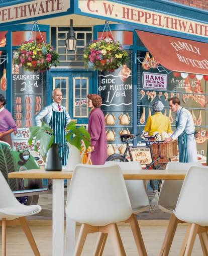 värikäs räätälöity teurastajien julkisivutapettiseinämaalaus nimeltä Victor McLindonin Corner Butchers hoivakodeille