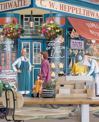kleurrijke op maat gemaakte slagers gevelbehangmuurschildering genaamd Corner Butchers van Victor McLindon voor verzorgingstehuizen