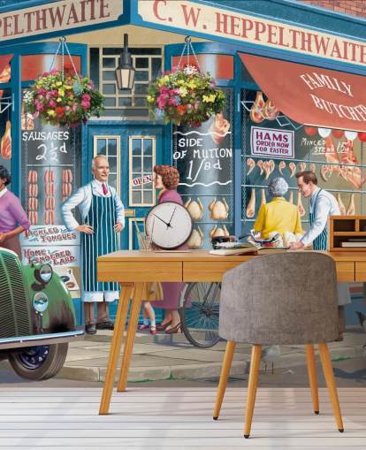 colourful custom butchers facade wallpaper mural called Corner Butchers by Victor McLindon for care homes