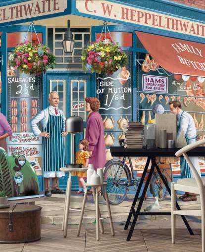 colorful custom butchers facade wallpaper mural called Corner Butchers by Victor McLindon for care homes