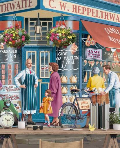 colorful custom butchers facade wallpaper mural called Corner Butchers by Victor McLindon for care homes