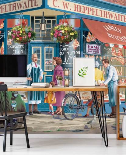 kleurrijke op maat gemaakte slagers gevelbehangmuurschildering genaamd Corner Butchers van Victor McLindon voor verzorgingstehuizen