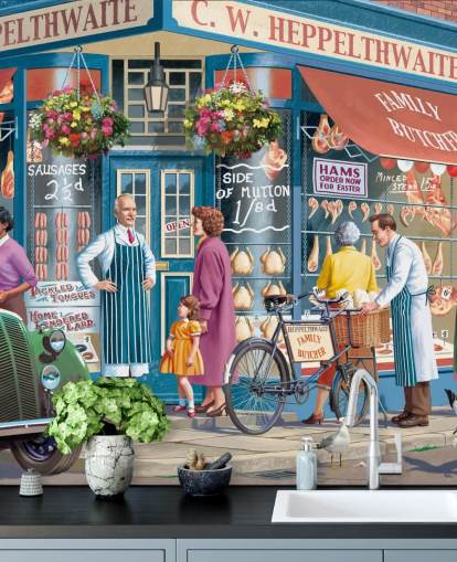 colorido mural de papel pintado personalizado para fachadas de carniceros llamado Corner Butchers de Victor McLindon para residencias de ancianos colorido mural de papel pintado personalizado para fachadas de carniceros llamado Corner Butchers de Victor McLindon para residencias de ancianos