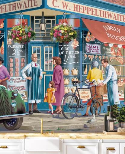 colorful custom butchers facade wallpaper mural called Corner Butchers by Victor McLindon for care homes