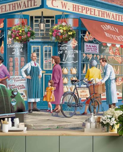 colourful custom butchers facade wallpaper mural called Corner Butchers by Victor McLindon for care homes
