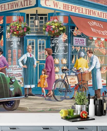 colorido mural de papel pintado personalizado para fachadas de carniceros llamado Corner Butchers de Victor McLindon para residencias de ancianos