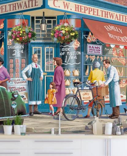 colorful custom butchers facade wallpaper mural called Corner Butchers by Victor McLindon for care homes colorful custom butchers facade wallpaper mural called Corner Butchers by Victor McLindon for care homes