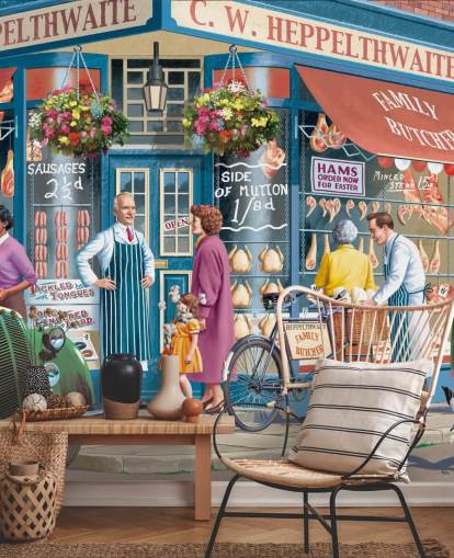 colorido mural de papel pintado personalizado para fachadas de carniceros llamado Corner Butchers de Victor McLindon para residencias de ancianos
