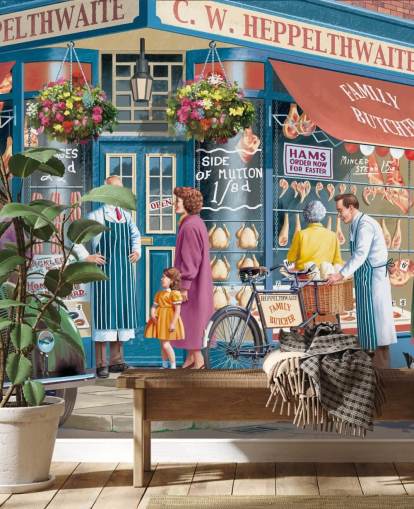 papier peint mural coloré de façade de boucher personnalisé appelé Corner Butchers par Victor McLindon pour les maisons de retraite