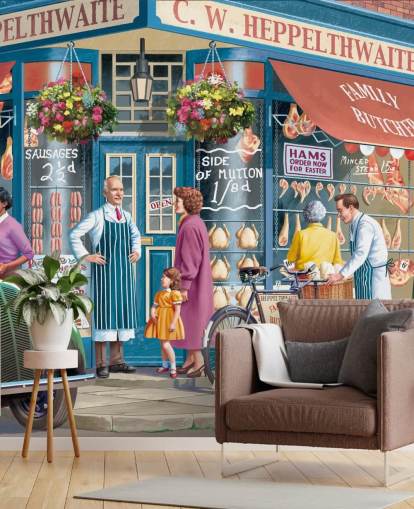 colorido mural de papel pintado personalizado para fachadas de carniceros llamado Corner Butchers de Victor McLindon para residencias de ancianos