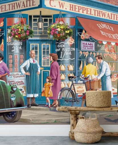 colourful custom butchers facade wallpaper mural called Corner Butchers by Victor McLindon for care homes colourful custom butchers facade wallpaper mural called Corner Butchers by Victor McLindon for care homes