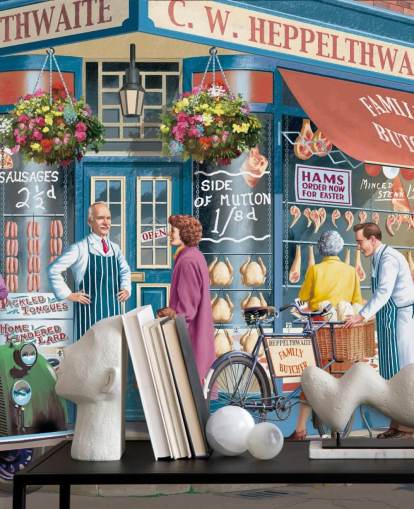papier peint mural coloré de façade de boucher personnalisé appelé Corner Butchers par Victor McLindon pour les maisons de retraite