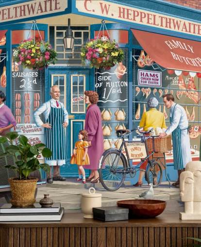 colorful custom butchers facade wallpaper mural called Corner Butchers by Victor McLindon for care homes