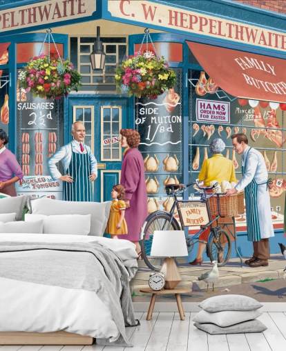 colorful custom butchers facade wallpaper mural called Corner Butchers by Victor McLindon for care homes