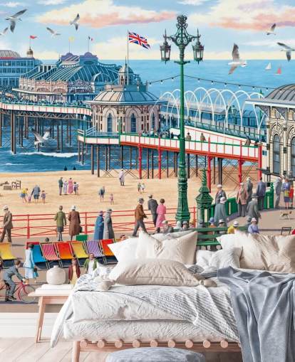 carta da parati murale colorata personalizzabile chiamata Vintage Brighton di Victor McLindon per case di cura