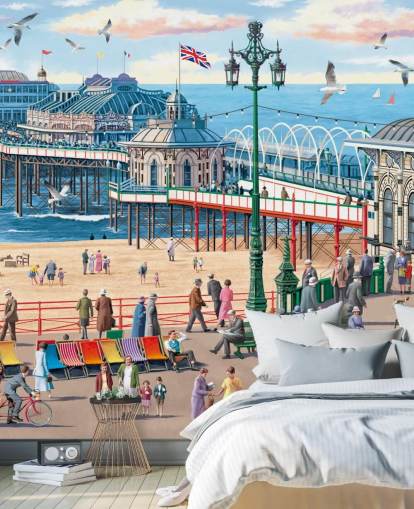 colorido mural de papel pintado personalizable de Brighton llamado Vintage Brighton de Victor McLindon para residencias de ancianos colorido mural de papel pintado personalizable de Brighton llamado Vintage Brighton de Victor McLindon para residencias de ancianos
