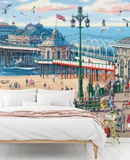 colorful customizable brighton wallpaper mural called Vintage Brighton by Victor McLindon for care homes