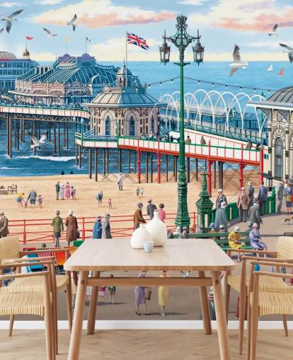 colorful customizable brighton wallpaper mural called Vintage Brighton by Victor McLindon for care homes