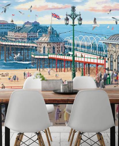 colorful customizable brighton wallpaper mural called Vintage Brighton by Victor McLindon for care homes