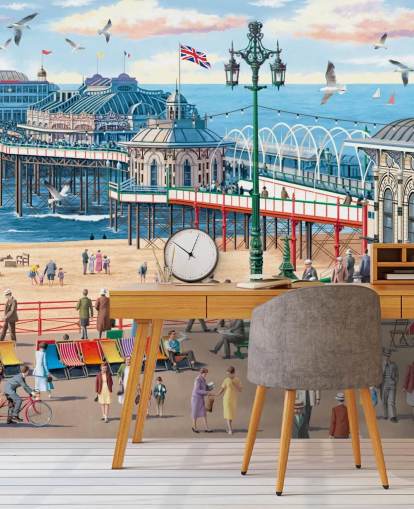 colorful customizable brighton wallpaper mural called Vintage Brighton by Victor McLindon for care homes