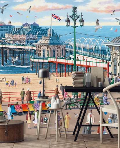 colorful customizable brighton wallpaper mural called Vintage Brighton by Victor McLindon for care homes