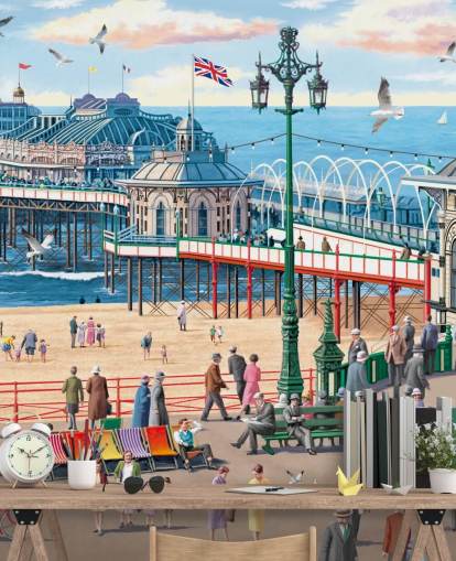 colorido mural de papel pintado personalizable de Brighton llamado Vintage Brighton de Victor McLindon para residencias de ancianos