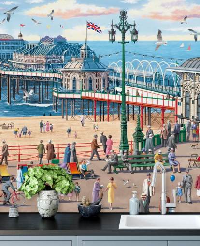 colorful customizable brighton wallpaper mural called Vintage Brighton by Victor McLindon for care homes