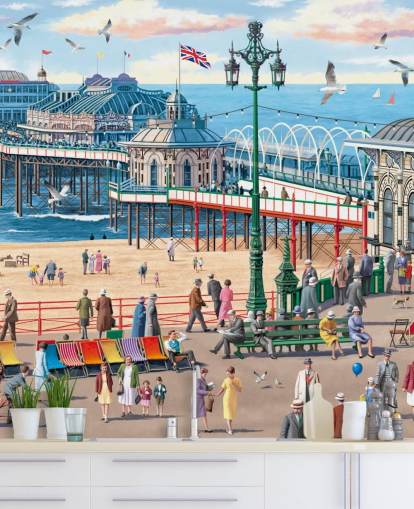 colorful customizable brighton wallpaper mural called Vintage Brighton by Victor McLindon for care homes