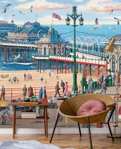 papier peint mural coloré personnalisable de Brighton appelé Vintage Brighton par Victor McLindon pour les maisons de retraite