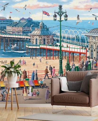 färgglad anpassningsbar Brighton tapetväggmålning som heter Vintage Brighton av Victor McLindon för vårdhem färgglad anpassningsbar Brighton tapetväggmålning som heter Vintage Brighton av Victor McLindon för vårdhem